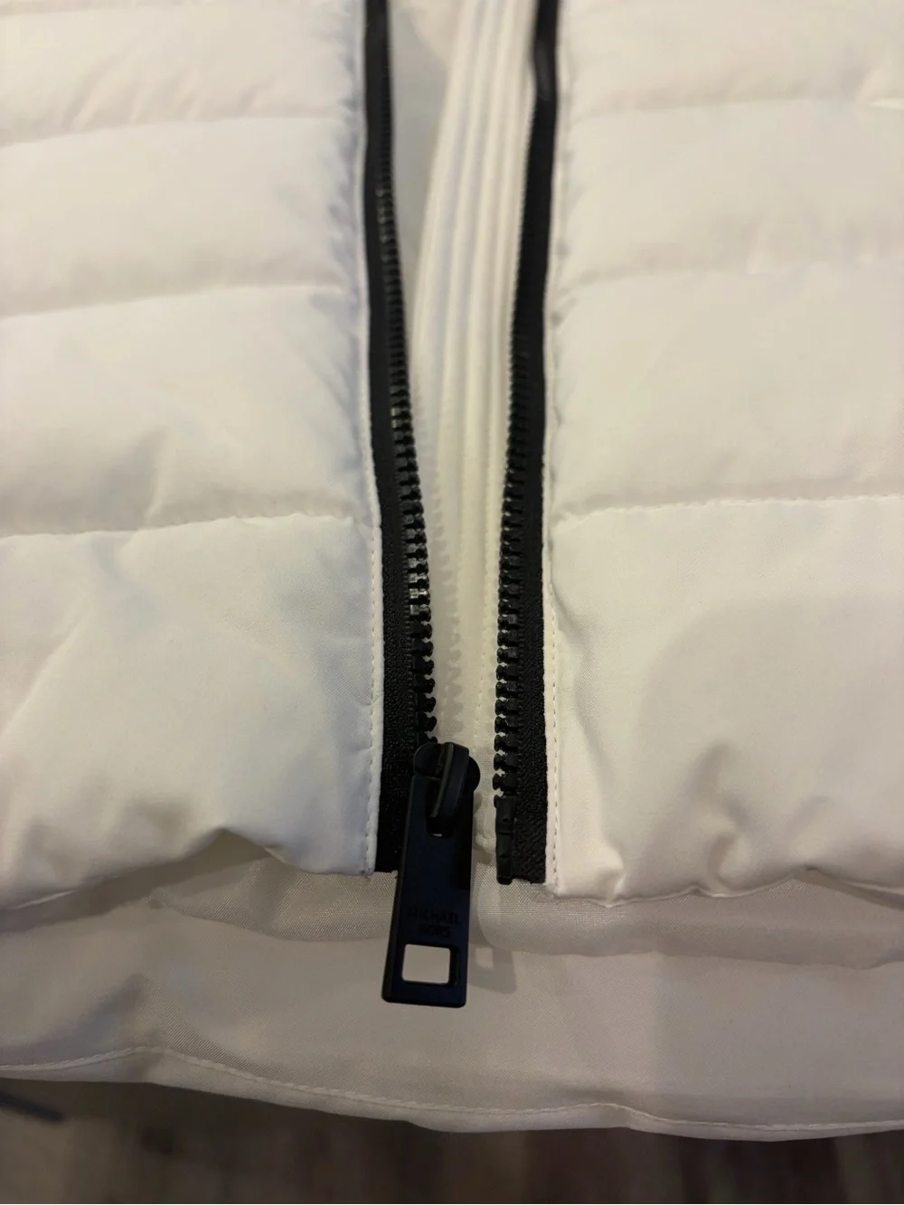 Michael Kors White Quilted Ski Jacket with Black Faux Fur Hood Trim